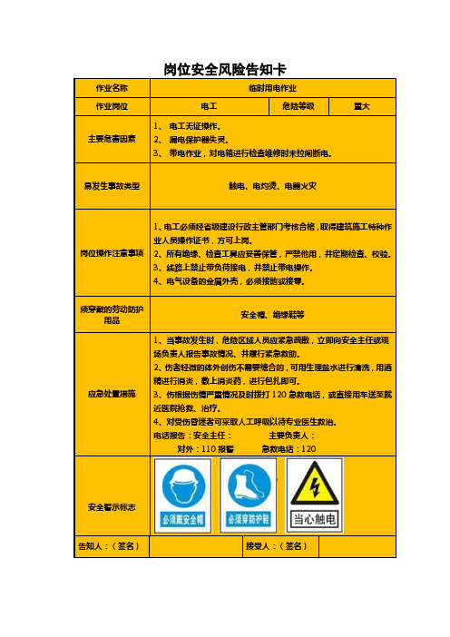 用电安全岗位安全风险告知卡