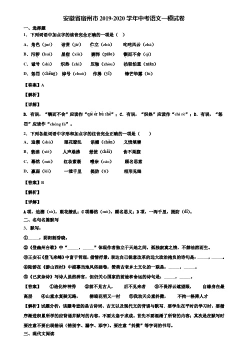 安徽省宿州市2019-2020学年中考语文一模试卷含解析