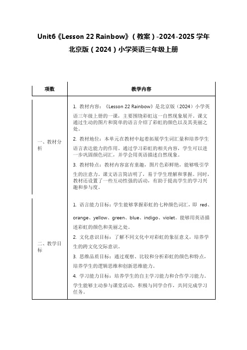 《Lesson 22 Rainbow》(教案)北京版(2024)小学英语三年级上册