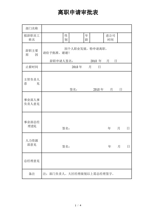 2018辞职申请审批表