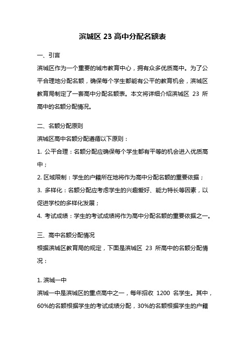 滨城区23高中分配名额表