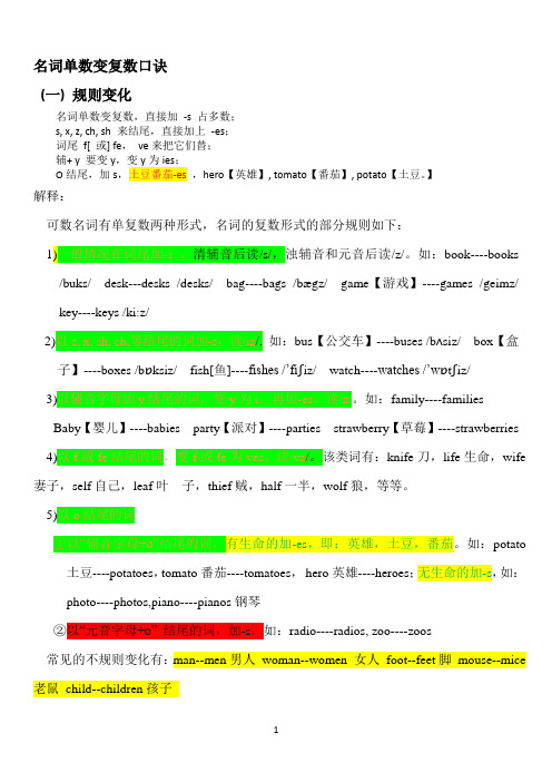 名词复数的变化规律。简单口诀以及方法。