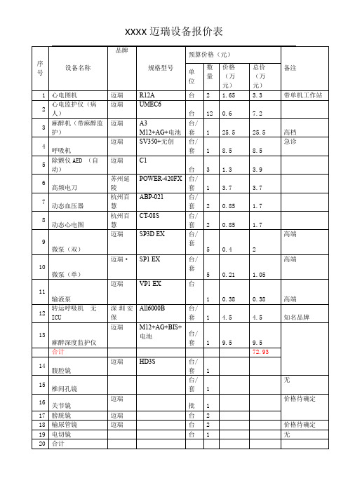 设备推荐方案(迈瑞等)XXXX迈瑞设备报价表