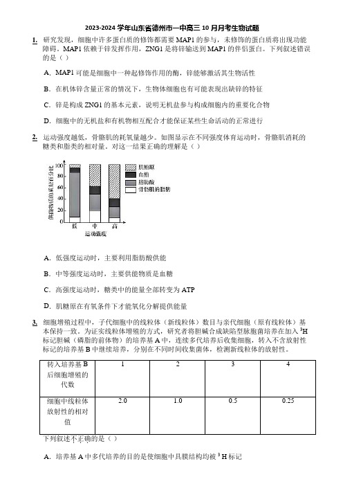 2023-2024学年山东省德州市一中高三10月月考生物试题