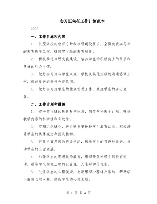 实习班主任工作计划范本