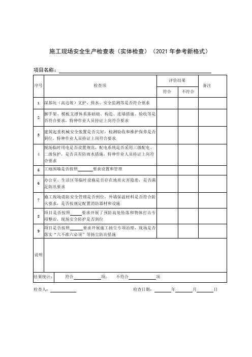 施工现场安全生产检查表(实体检查)(2021年参考新格式)