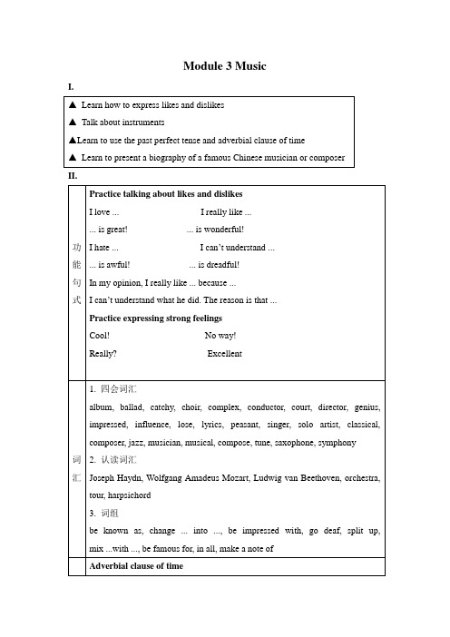外研版高一英语必修2 Module 3 Music  教案