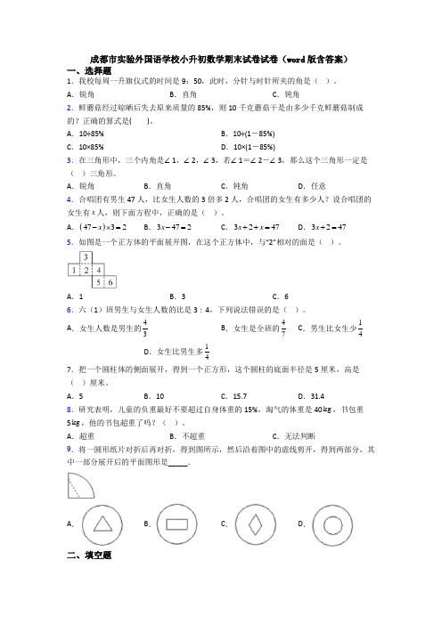 成都市实验外国语学校小升初数学期末试卷试卷(word版含答案)