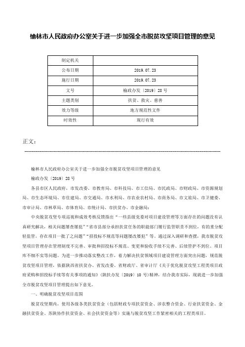 榆林市人民政府办公室关于进一步加强全市脱贫攻坚项目管理的意见-榆政办发〔2019〕28号