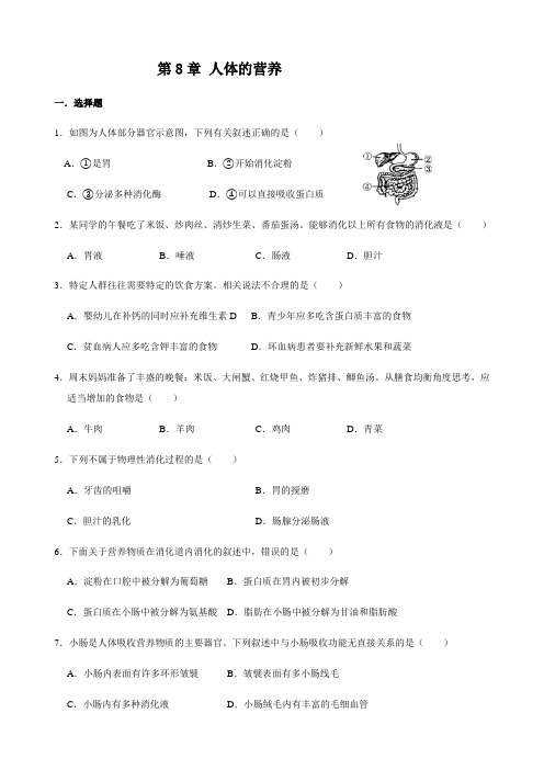 北师大版生物七年级下册 第8章 人体的营养  复习题(包含答案)