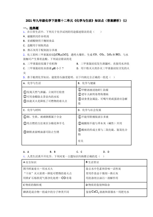 2021年九年级化学下册第十二单元《化学与生活》知识点(答案解析)(1)