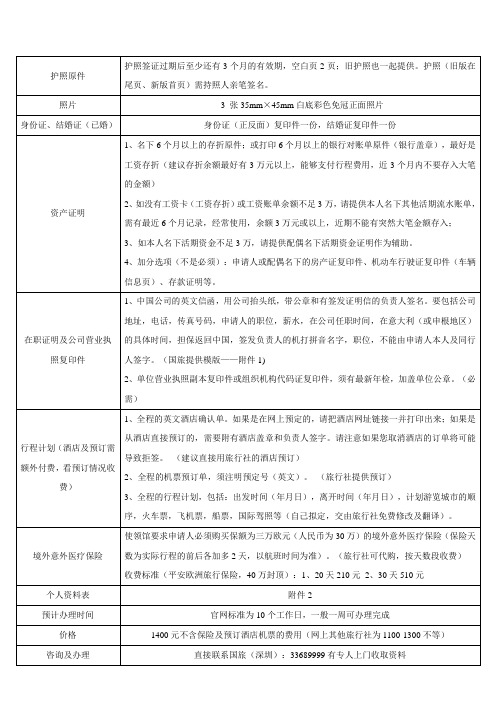 意大利签证资料及费用