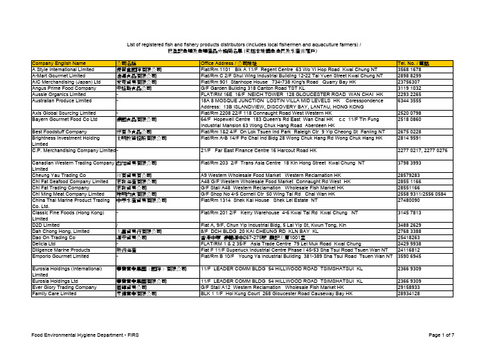 已登记鱼类及鱼类产品分销商名单