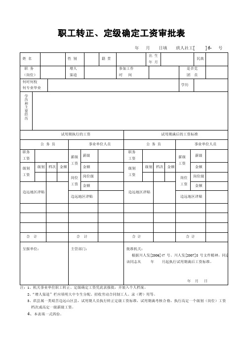 职工转正定级审批表