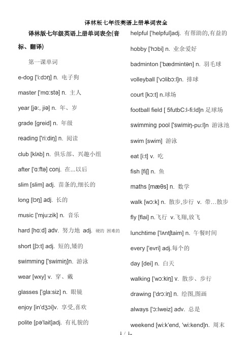 译林版七年级英语上册单词表全