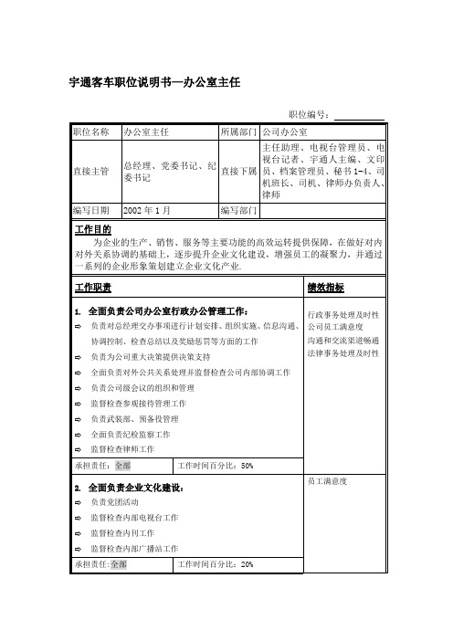 宇通客车职位说明书—办公室主任