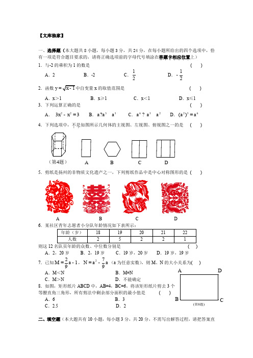 江苏扬州2020中考数学综合模拟测试卷(解析版)