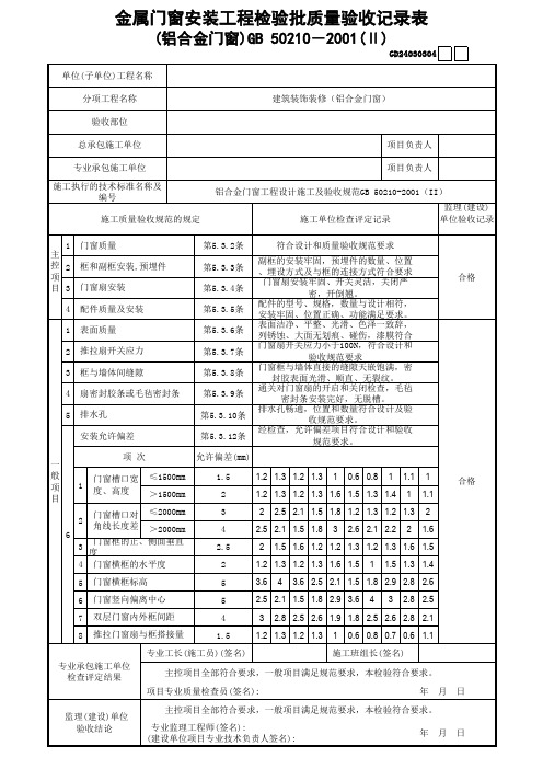 金属门窗安装工程检验批质量验收记录表