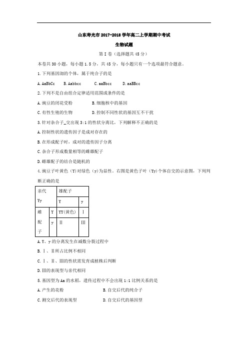 山东省寿光市2017-2018学年高二上学期期中考试生物试题 Word版含答案