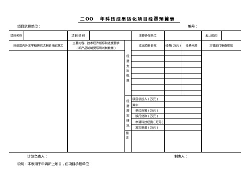 二ΟΟ年科技成果转化项目经费预算表