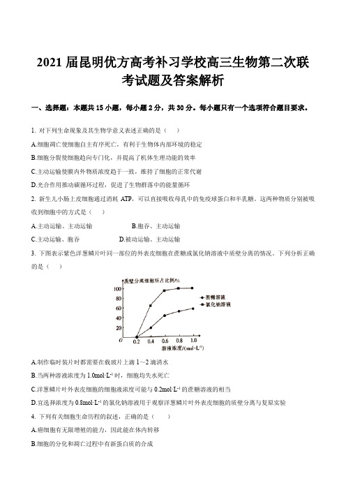 2021届昆明优方高考补习学校高三生物第二次联考试题及答案解析