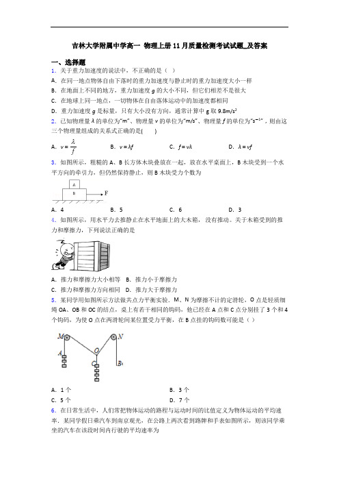 吉林大学附属中学高一 物理上册11月质量检测考试试题_及答案