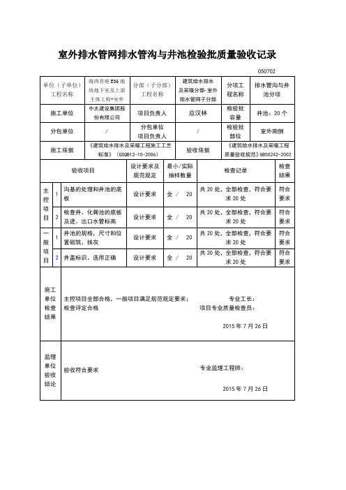 室外排水管网排水管沟与井池检验批质量验收记录