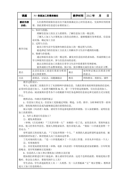 沪教版(高中信息技术选修)信息加工的需求确定教学设计