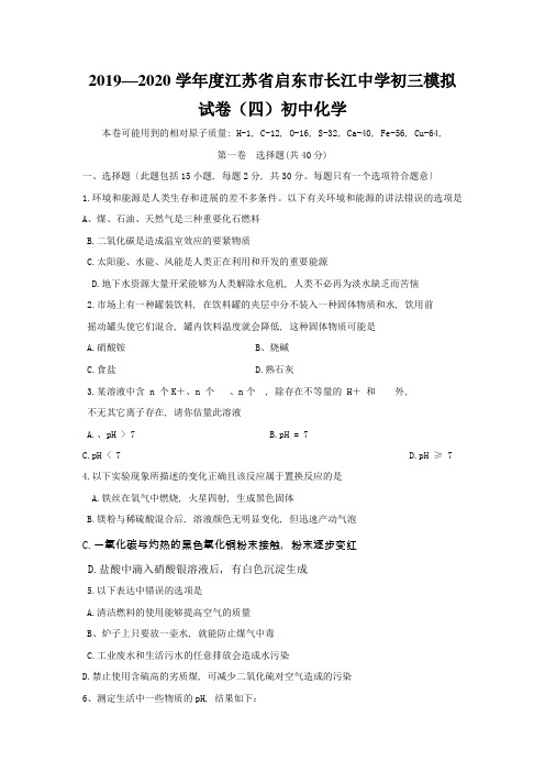 2019—2020学年度江苏省启东市长江中学初三模拟试卷(四)初中化学