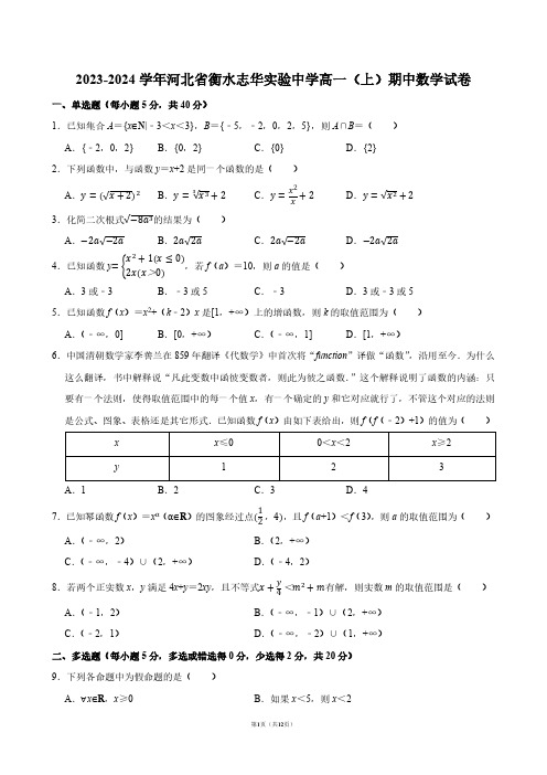 2023-2024学年河北省衡水志华实验中学高一(上)期中数学试卷【答案版】