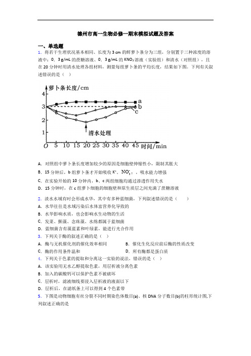 德州市高一生物必修一期末模拟试题及答案