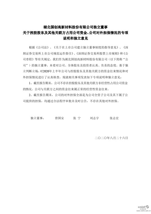 国创高新：独立董事关于控股股东及其他关联方占用公司资金、公司对外担保情况的专项说明和独立意见