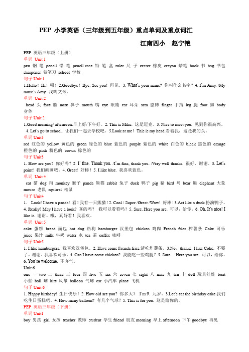 PEP 小学英语(三年级到五年级)重点单词及重点词汇