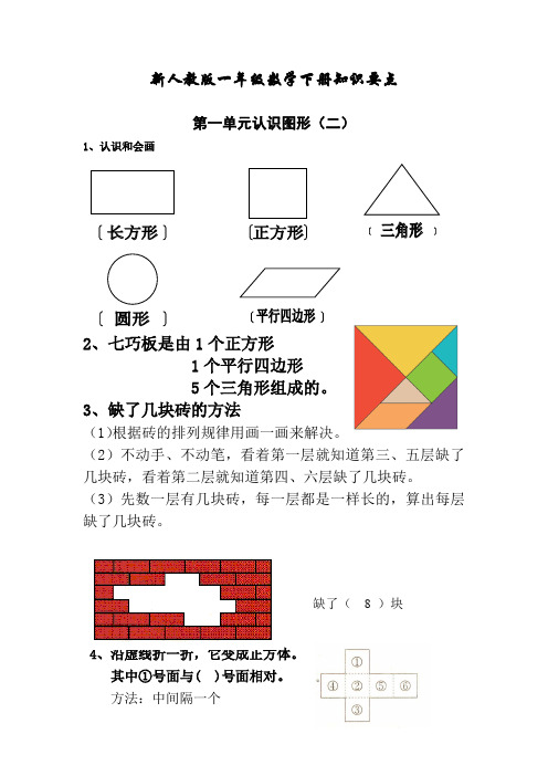 2015年春新人教版一年级数学下册期末复习知识要点汇总