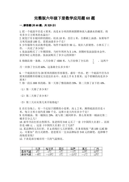 完整版六年级下册数学应用题60题附参考答案(轻巧夺冠)