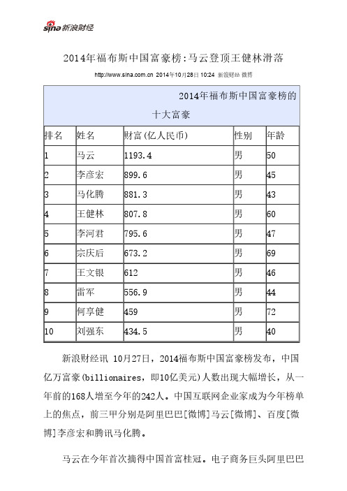 2014年福布斯中国富豪榜