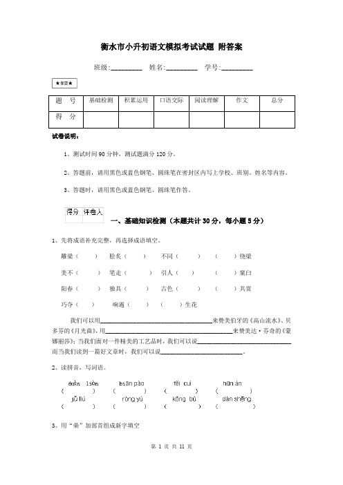 衡水市小升初语文模拟考试试题 附答案