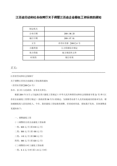 江苏省劳动和社会保障厅关于调整江苏省企业最低工资标准的通知-苏劳社劳薪 [2004]14号