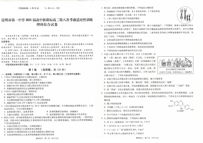 云南省昆明市第一中学2021年高三届第八次考前适应性训练《理科综合》试题试卷及参考答案