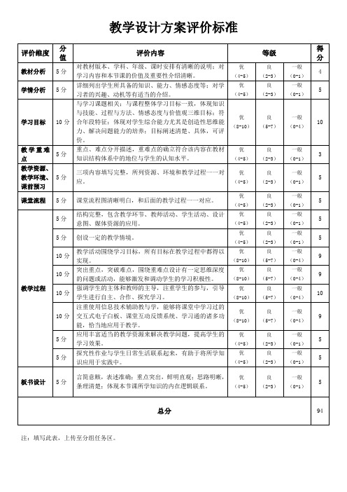 教学设计方案评价标准