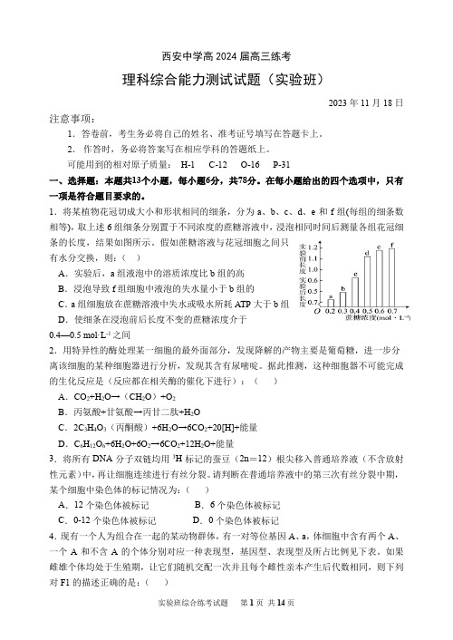 陕西省西安中学2023-2024学年高三上学期实验班11月练考理科综合能力测试题(1)