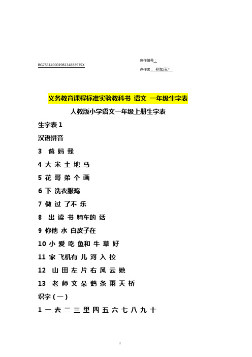 人教版小学语文一年级生字表(打印)