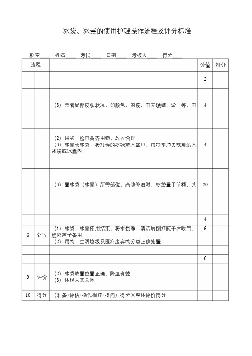 冰袋、冰囊的使用护理操作流程及评分标准