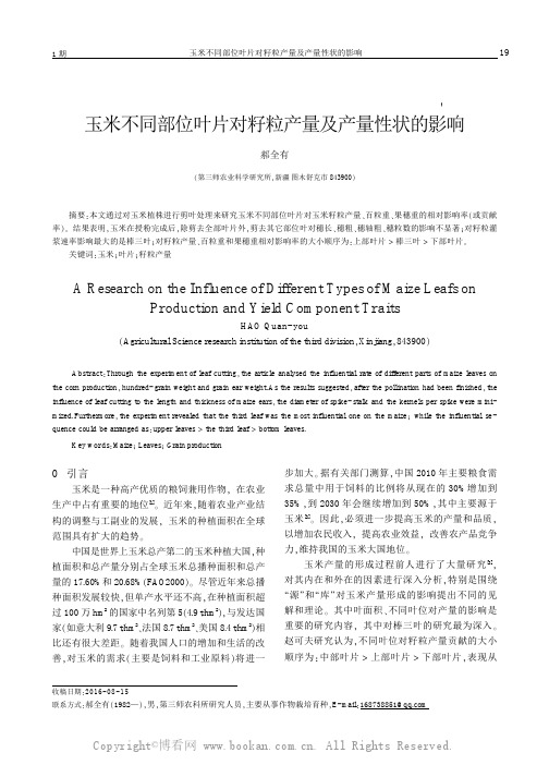 玉米不同部位叶片对籽粒产量及产量性状的影响