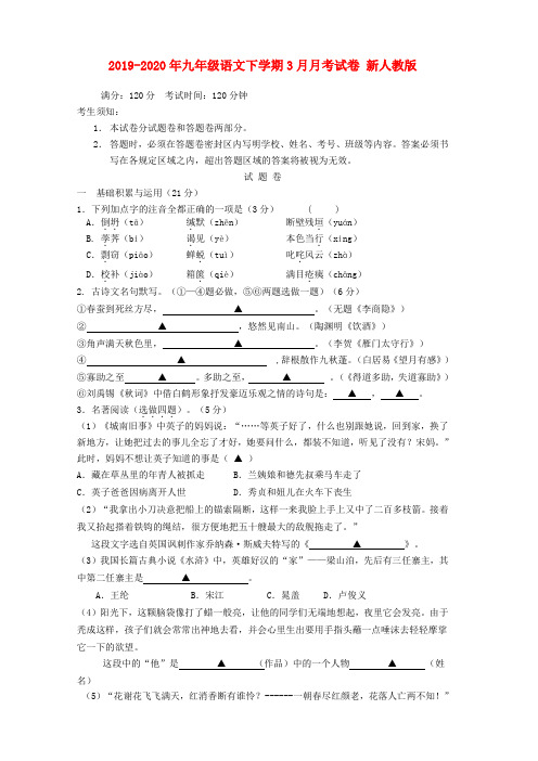 2019-2020年九年级语文下学期3月月考试卷 新人教版