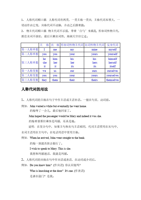 人称代词、物主代词、反身代词及名词所有格的用法