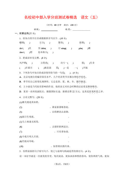 2020名校初中入学分班测试卷精选(5)  语文(含答案及解析)