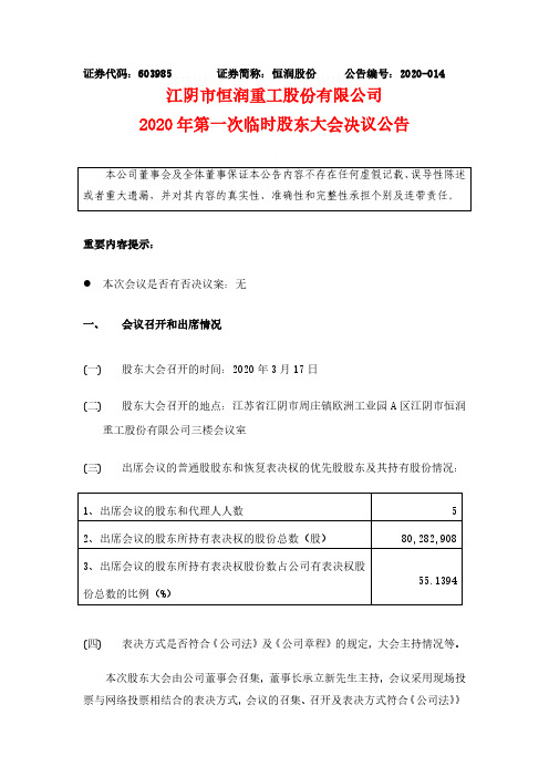 恒润股份：2020年第一次临时股东大会决议公告