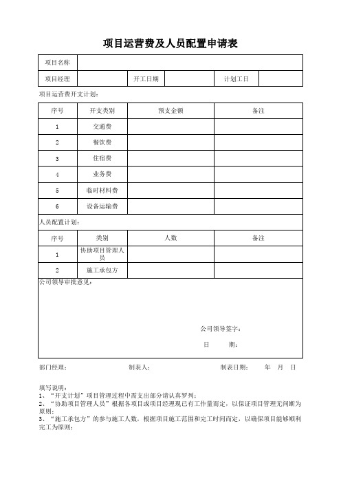 项目运营费及人员配置申请表