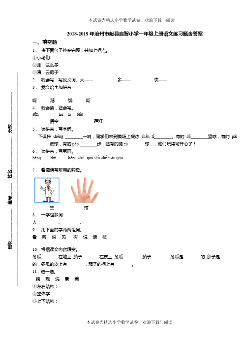 2018-2019年沧州市献县启智小学一年级上册语文练习题含答案